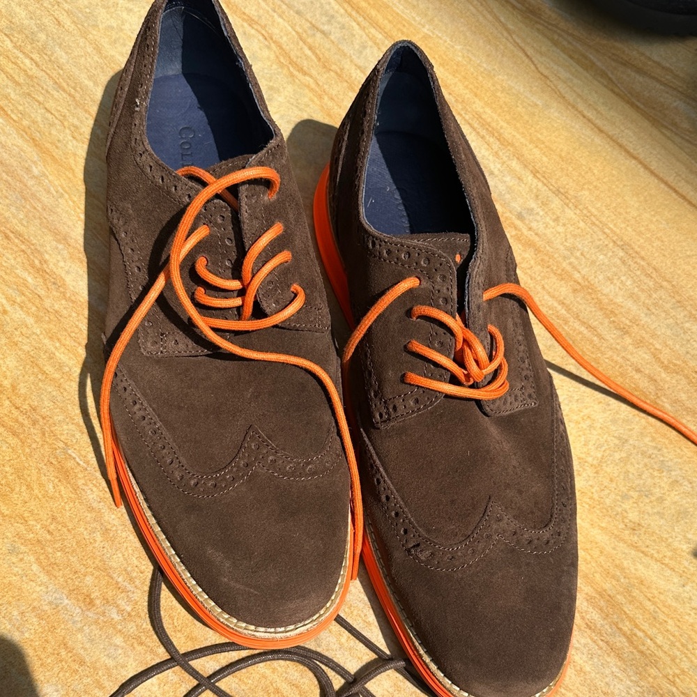 Cole Haan Dark Brown Suede Oxfords with Bright Orange Laces